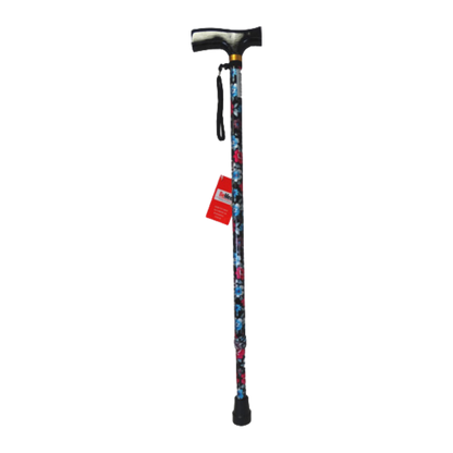 Adjustable walking stick with black floral pattern and height-adjustable shaft.