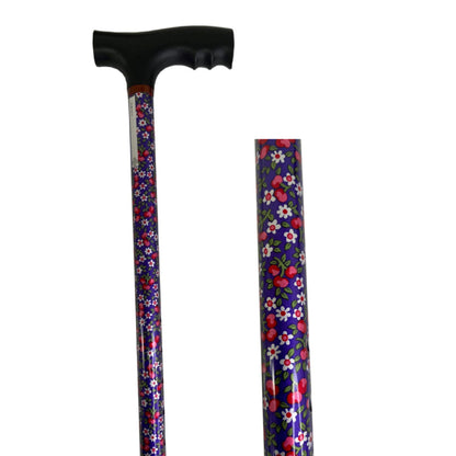 Adjustable walking stick with purple floral pattern and height-adjustable shaft.