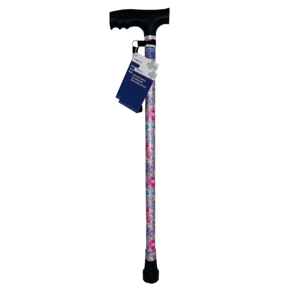 Adjustable walking stick with pink floral pattern and height-adjustable shaft.