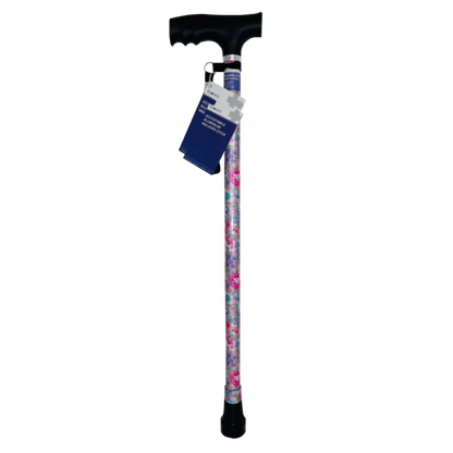 Adjustable walking stick with pink floral pattern and height-adjustable shaft.