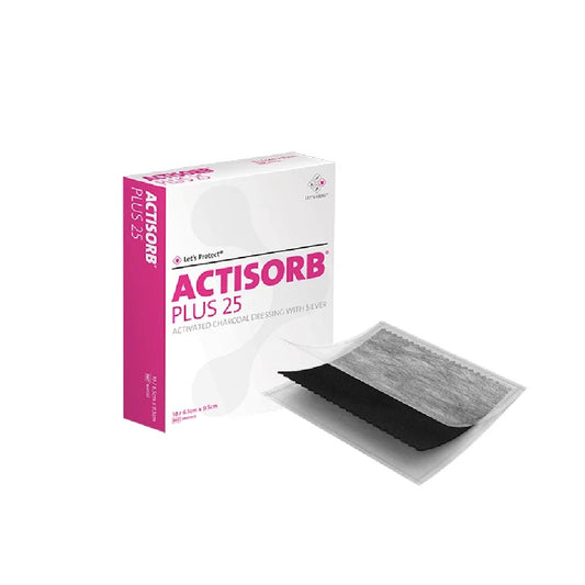 Actisorb Plus 25 Charcoal with Silver 6.5cm x 9.5cm (Box of 10)
