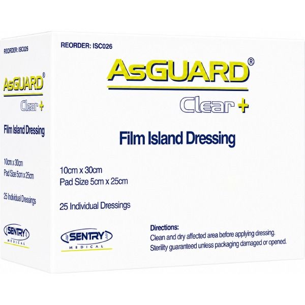 AsGUARD Clear+ Film Sterile Island Dressing 10x30cm (Box of 25)