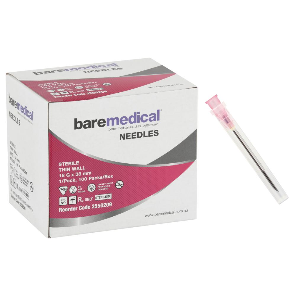 Baremedical Hypodermic Needles 18G x 38mm - Box of 100
