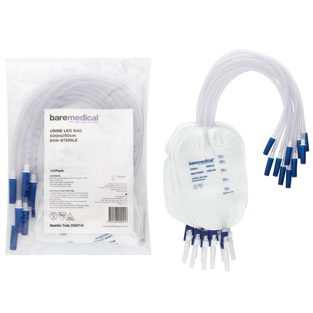 Baremedical Leg Bag Non-Sterile 50cm Inlet Tube 500mL - Pack of 10