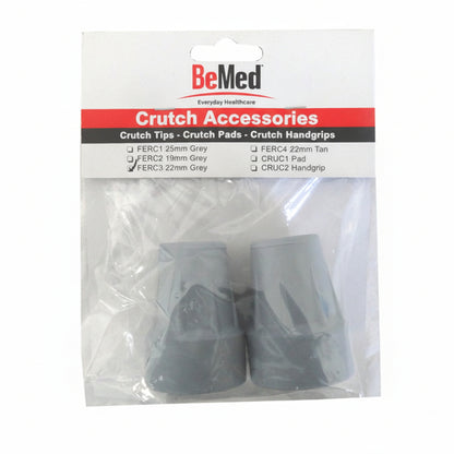 BeMed Crutch Tips Grey installed on a 22mm crutch tube showing secure fit.