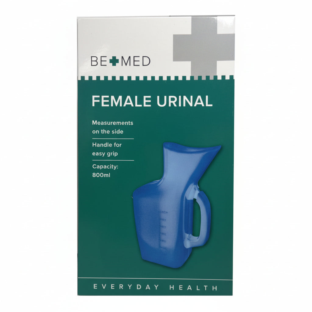 BeMed Female Urinal with ergonomic handle and 800ml capacity, designed for use while lying, sitting, or standing.