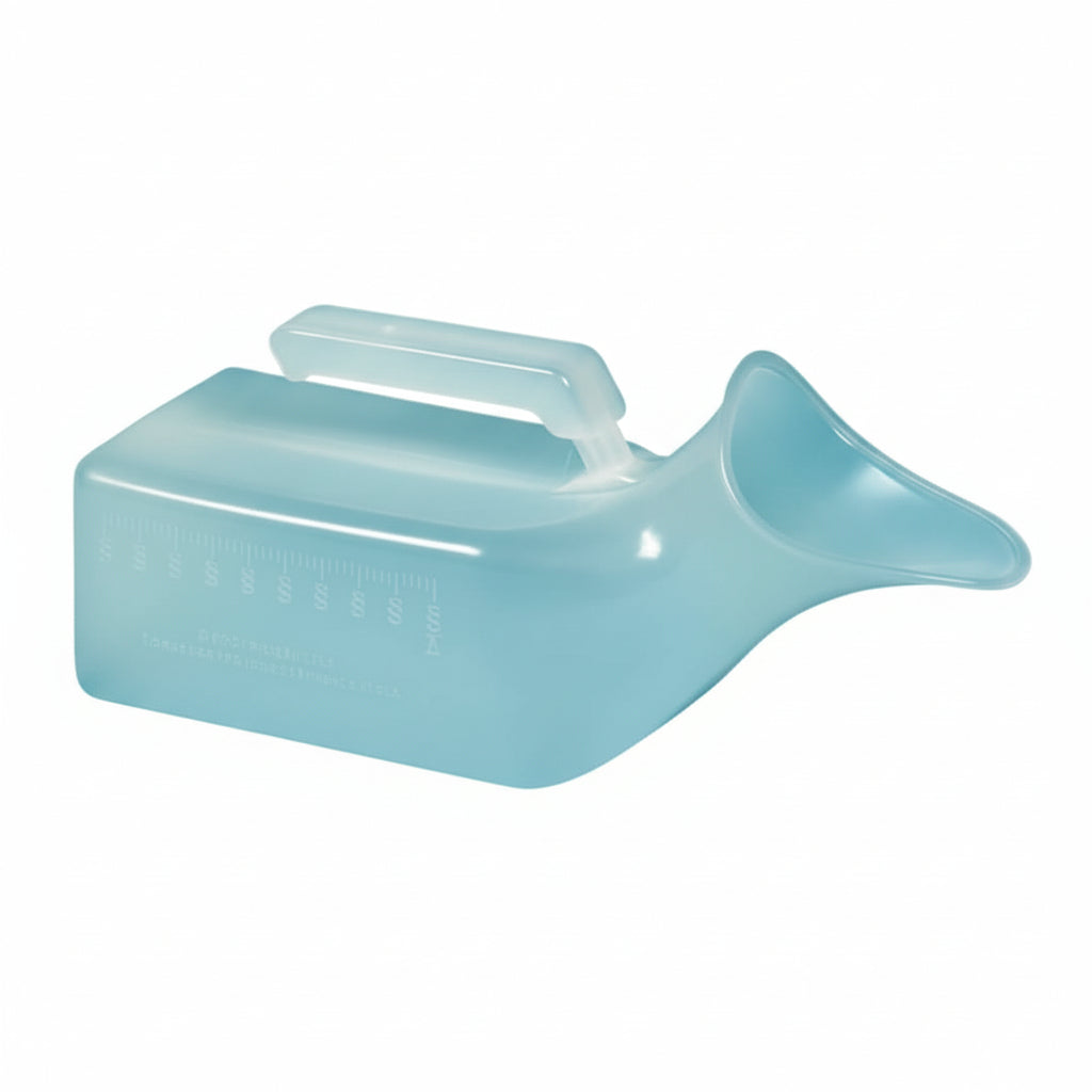 Close-up of the handle on the BeMed Female Urinal Bottle for ease of use.