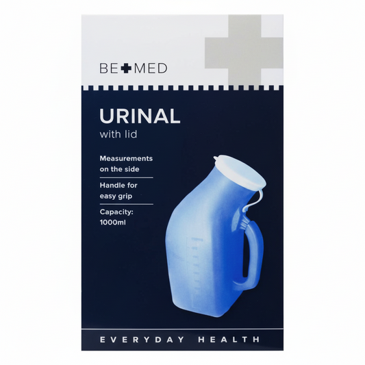 BeMed Male Urinal with Lid, 1000mL capacity with carry handle and press-on lid.