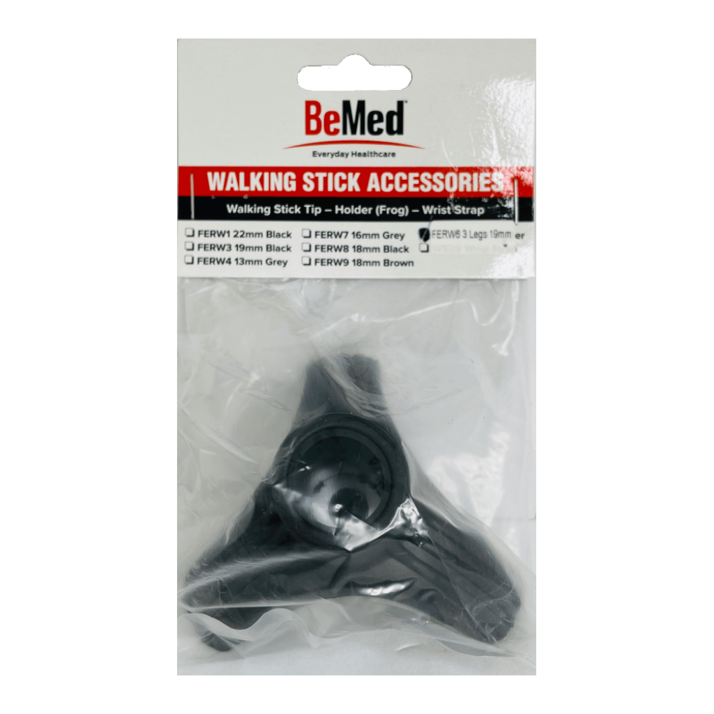 Close-up of BeMed Walking Stick Tip 3 Legs Black showing the three-leg design.