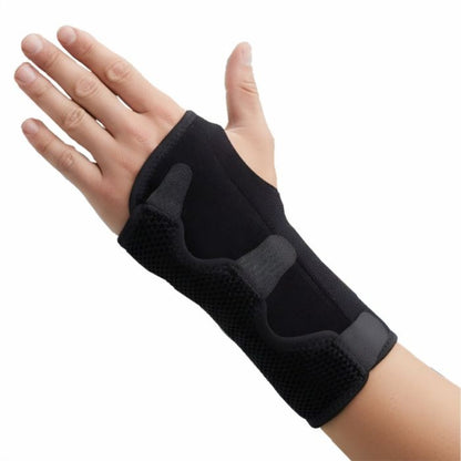 Close-up of removable splint in Bodyassist wrist brace supporting hand position at approximately 35 degrees.