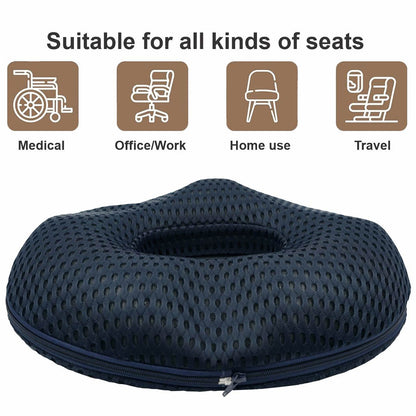 Navy blue donut seat cushion with text and icons indicating suitability for various uses.