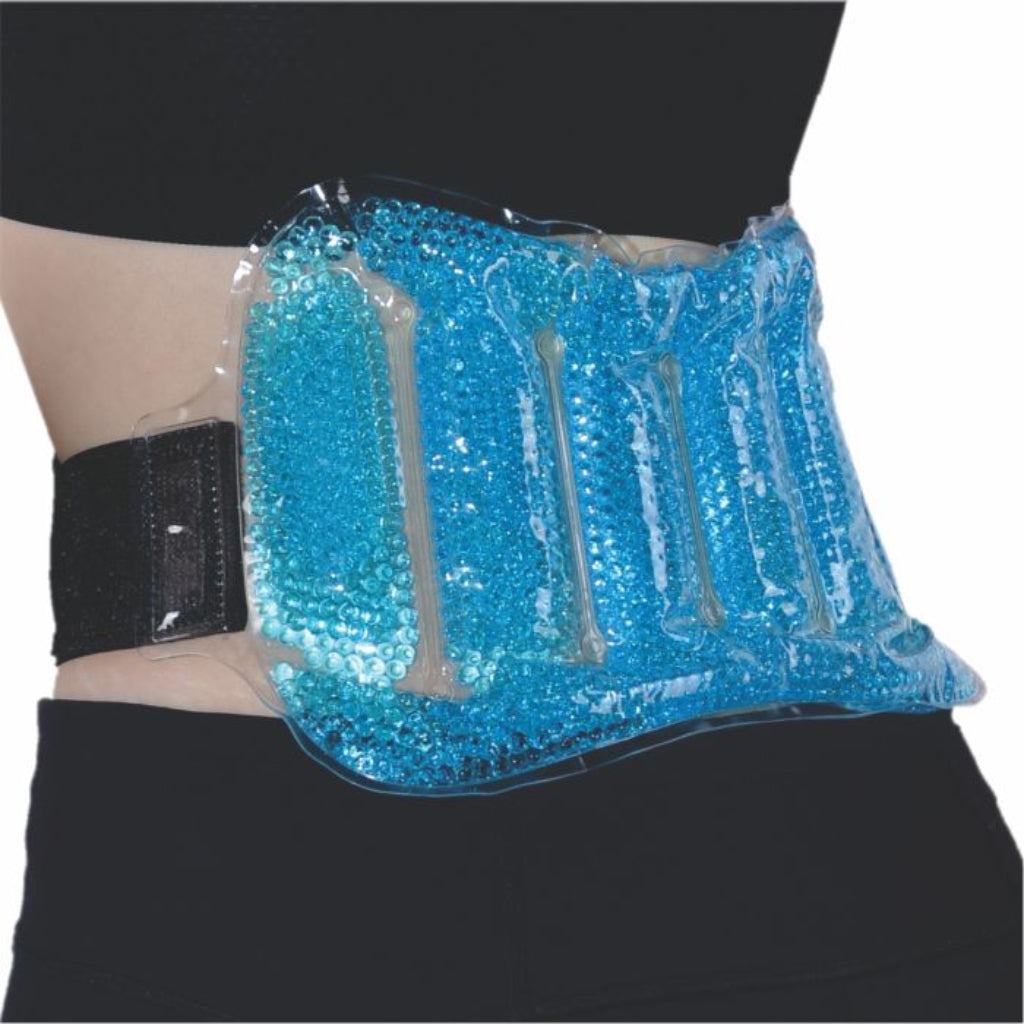 Gelignite beads wrap pack strapped around a body area for hands-free heat or cold application.