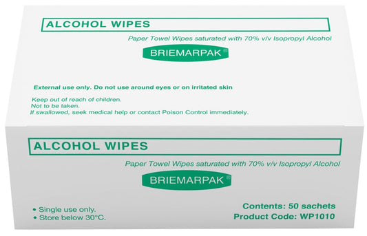 Briemar Alcohol Wipes with 70% IPA (Paper Towel) - Box of 50
