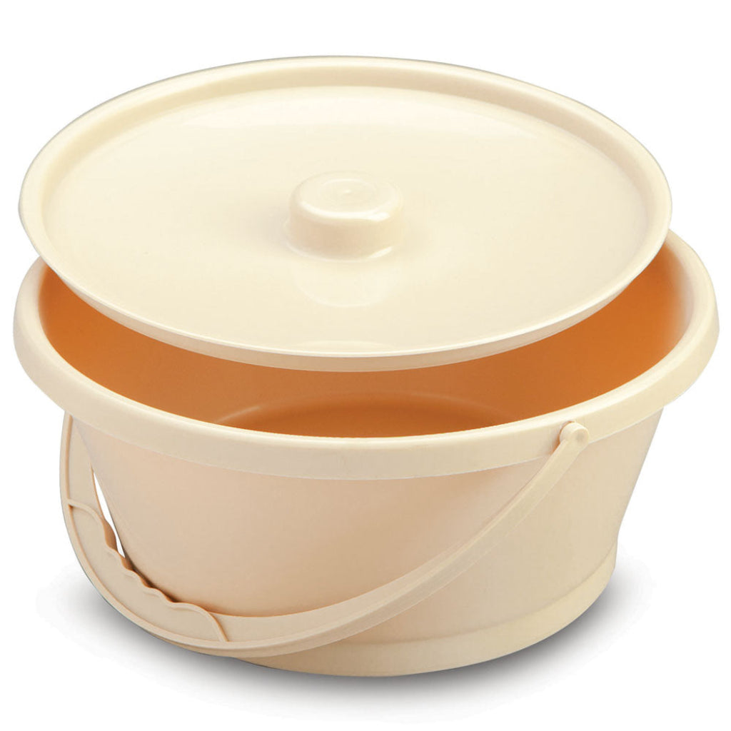 Autoclavable commode bowl and lid set made from moulded plastic.