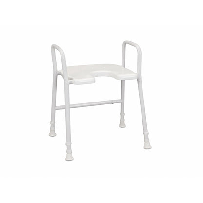 Days Aluminium Shower Stool with Arms front view showing plastic cutaway seat and adjustable height legs
