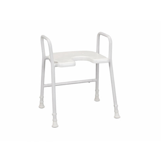 Days Aluminium Shower Stool with Arms front view showing plastic cutaway seat and adjustable height legs