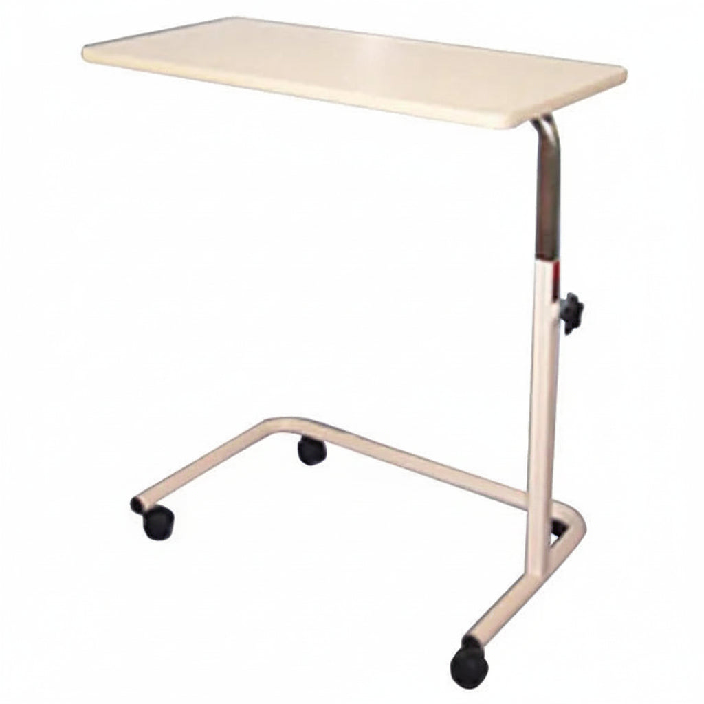 Days Overbed Table full view showing height adjustable vinyl top and epoxy coated steel frame for hospital or home use