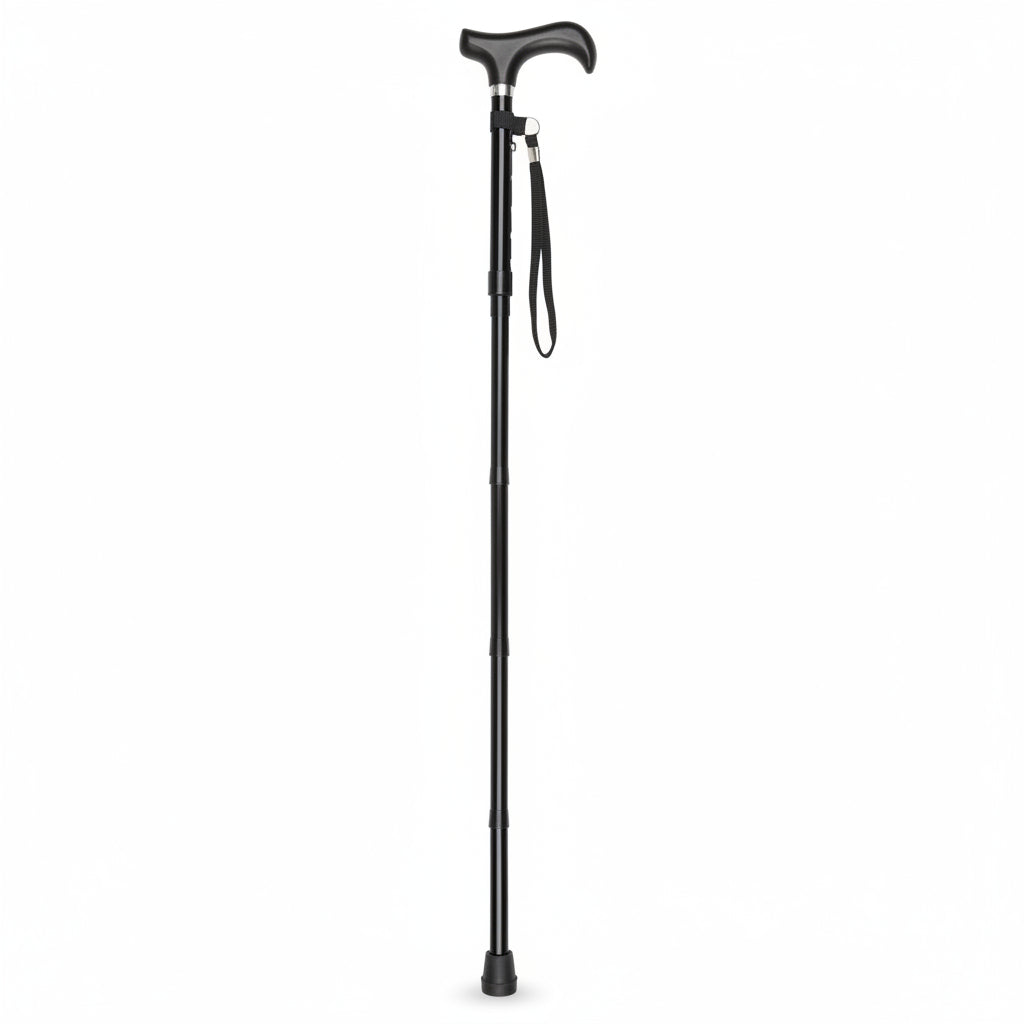 Close-up of contoured handle and anti-slip rubber tip on Days Folding Walking Stick for safety and comfort