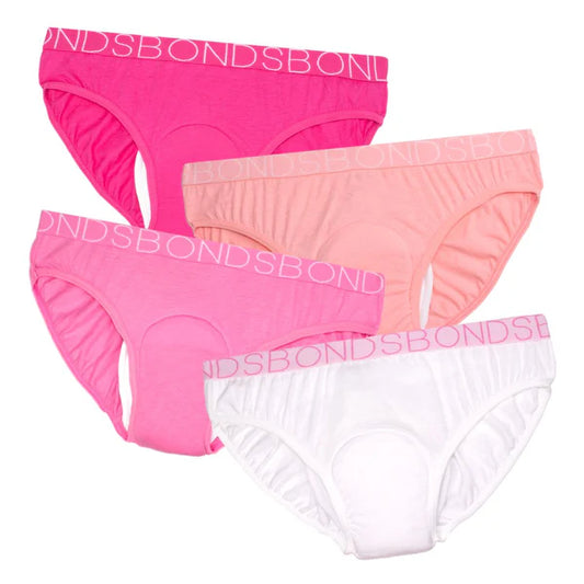 Girl's BONDS Bikini Brief with Incontinence Pad 250mL Pink with Purple Band - Pack of 4