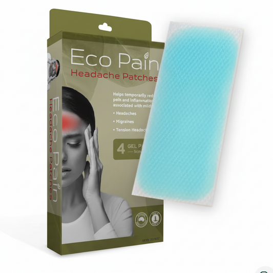 Eco Pain Eze Headache Patches 5cm x 12cm, pack of 4, cooling botanical gel patches.
