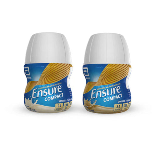 Two bottles of Ensure Compact 125ml nutritional supplement, one in Vanilla flavour and one in Coffee flavour