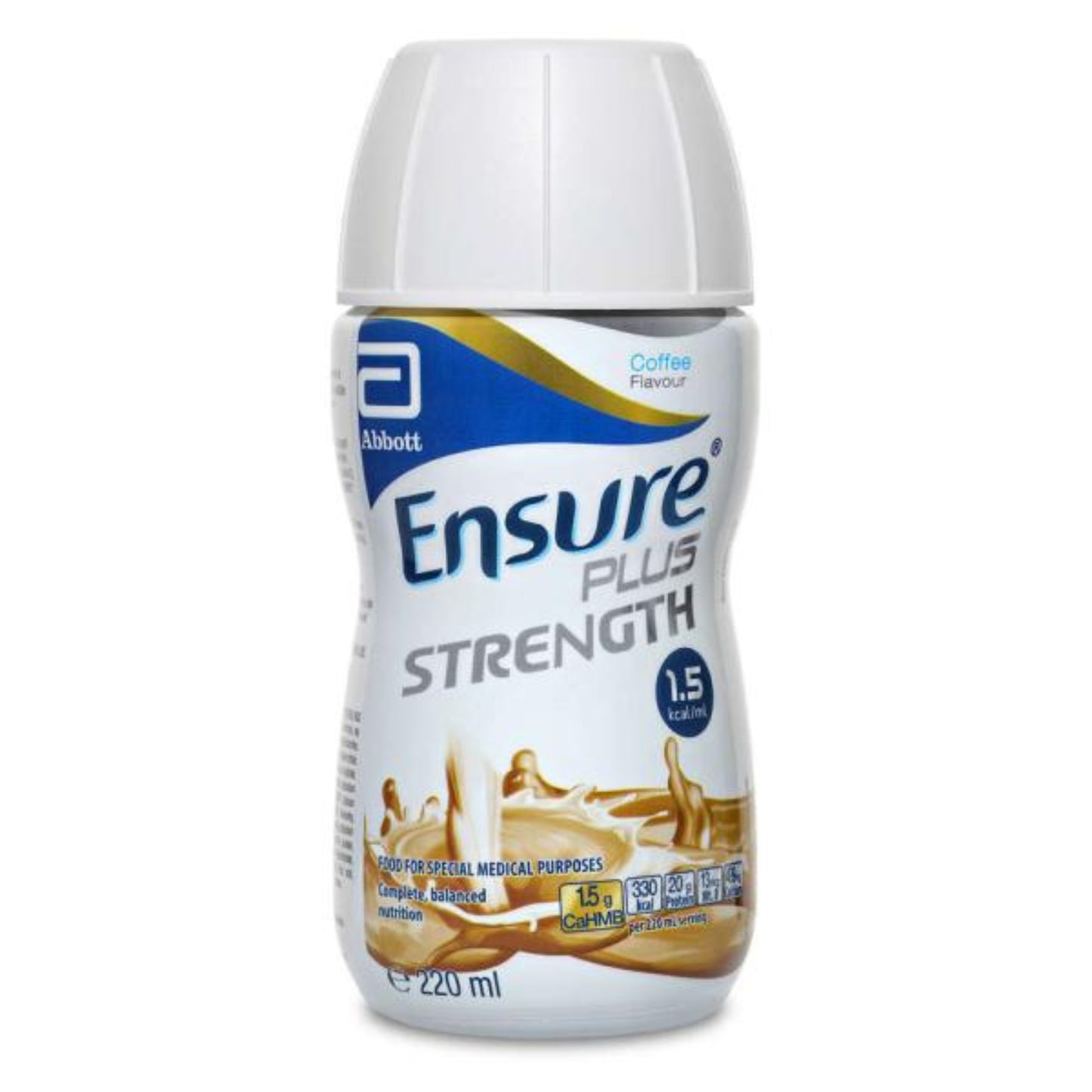 Ensure Plus Strength coffee flavored 220ml bottle containing high-protein nutritional supplement with 20g protein and CaHMB for muscle recovery, strength maintenance and post-surgery nutrition support.