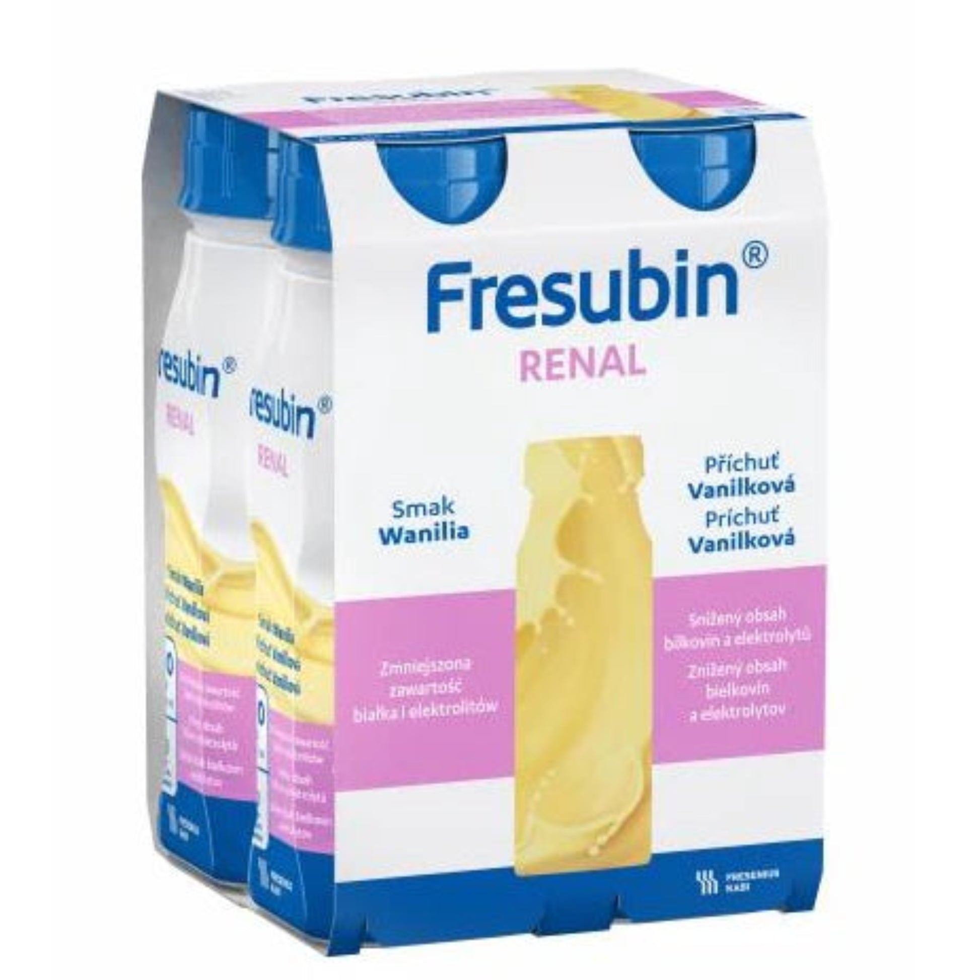 A pack of four 200ml bottles of Fresubin Renal vanilla flavored kidney support drink. The packaging clearly shows 'Fresubin Renal', 'Low Protein', 'High Calorie', and indicates it's a pack of 4.
