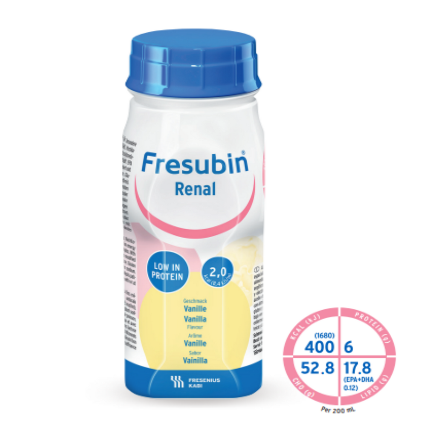 A 200ml bottle of Fresubin Renal vanilla flavored kidney support drink. The label highlights 'Fresubin Renal', 'Low Protein', 'High Calorie', and indicates it's for kidney support.