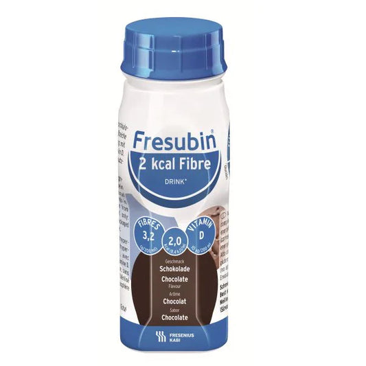 Fresubin 2 KCAL Fibre Drink 200ml in Chocolate flavor - high energy, high protein, and fibre-enriched nutritional supplement.