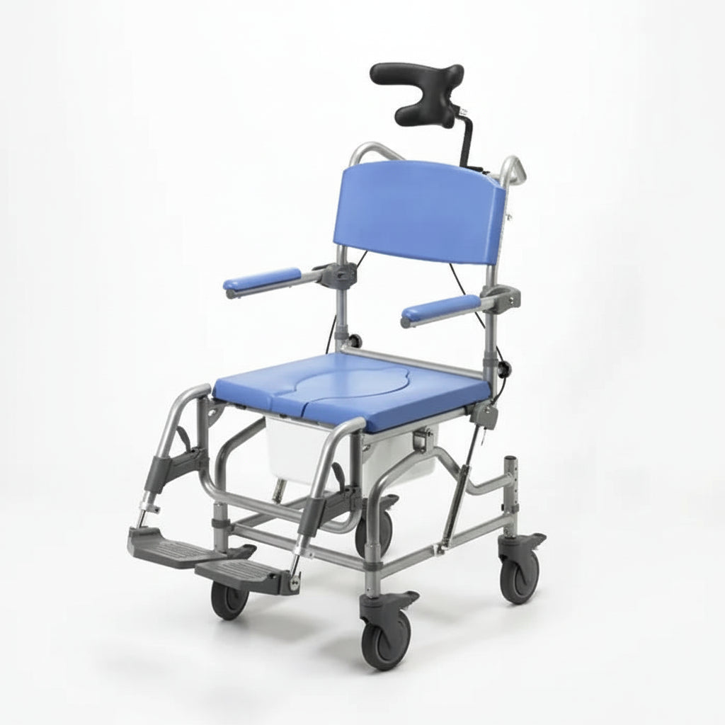 Homecraft Atlantic Wave Deluxe Shower Commode full view showing tilt in space feature and aluminium frame for washing and toileting