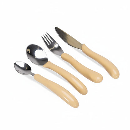 Homecraft Caring Cutlery Set Ivory full view showing four piece set with moulded contoured ergonomic handles for weakened grip