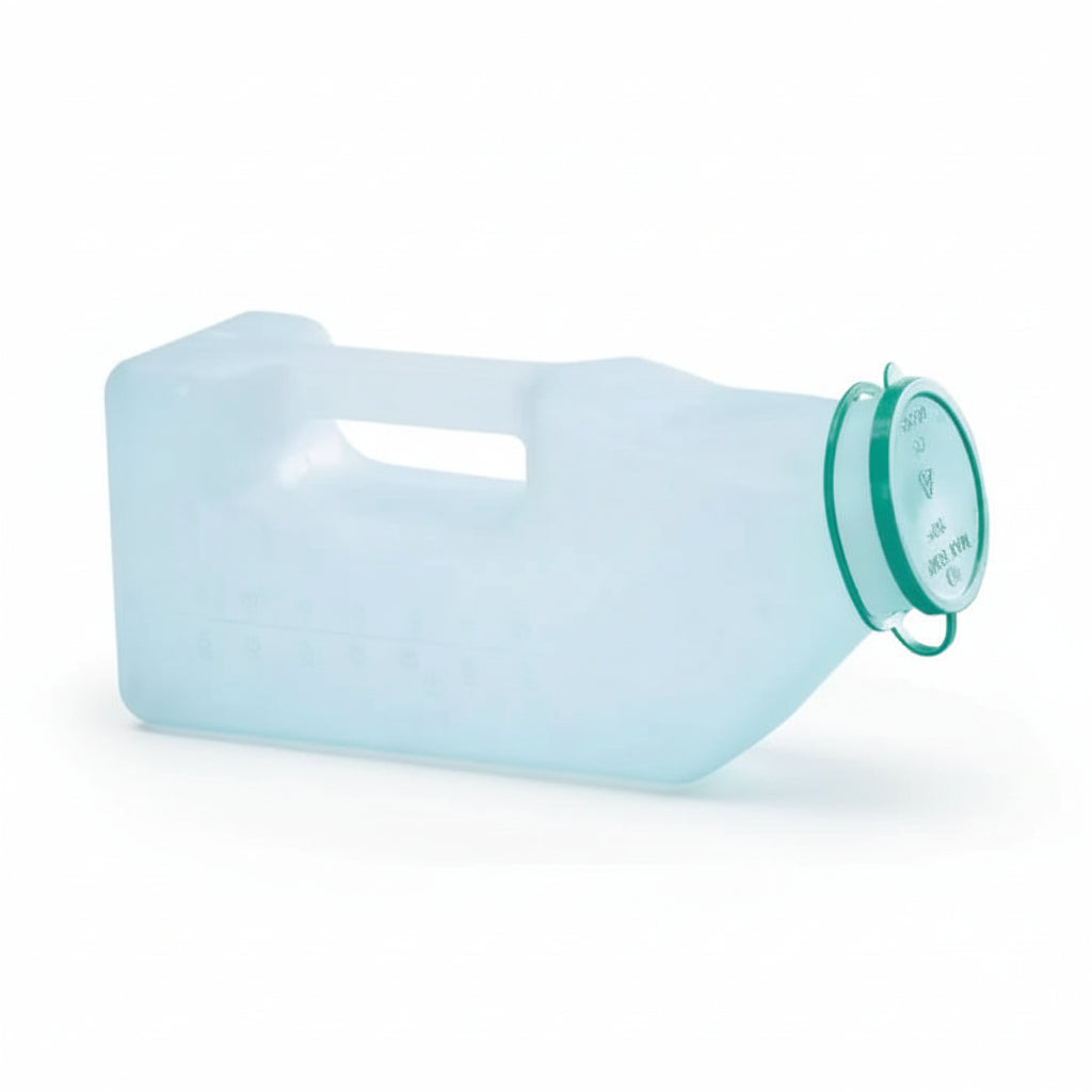 Homecraft Male Urinal Bottle with Snap-On Cap showing graduated measurements and easy grip handle