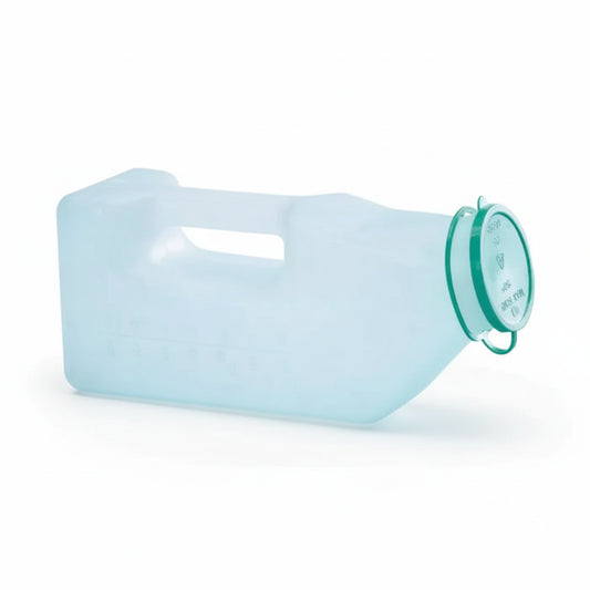 Homecraft Male Urinal Bottle with Snap-On Cap showing graduated measurements and easy grip handle