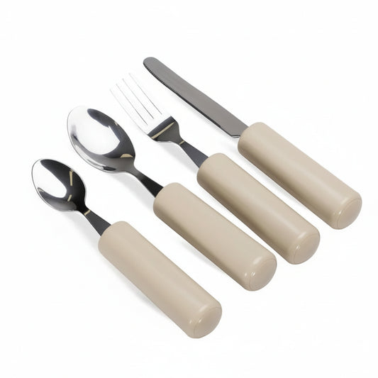 Homecraft Queens 4-piece adaptive cutlery set featuring a knife, fork, spoon, and junior spoon with thick ergonomic handles.