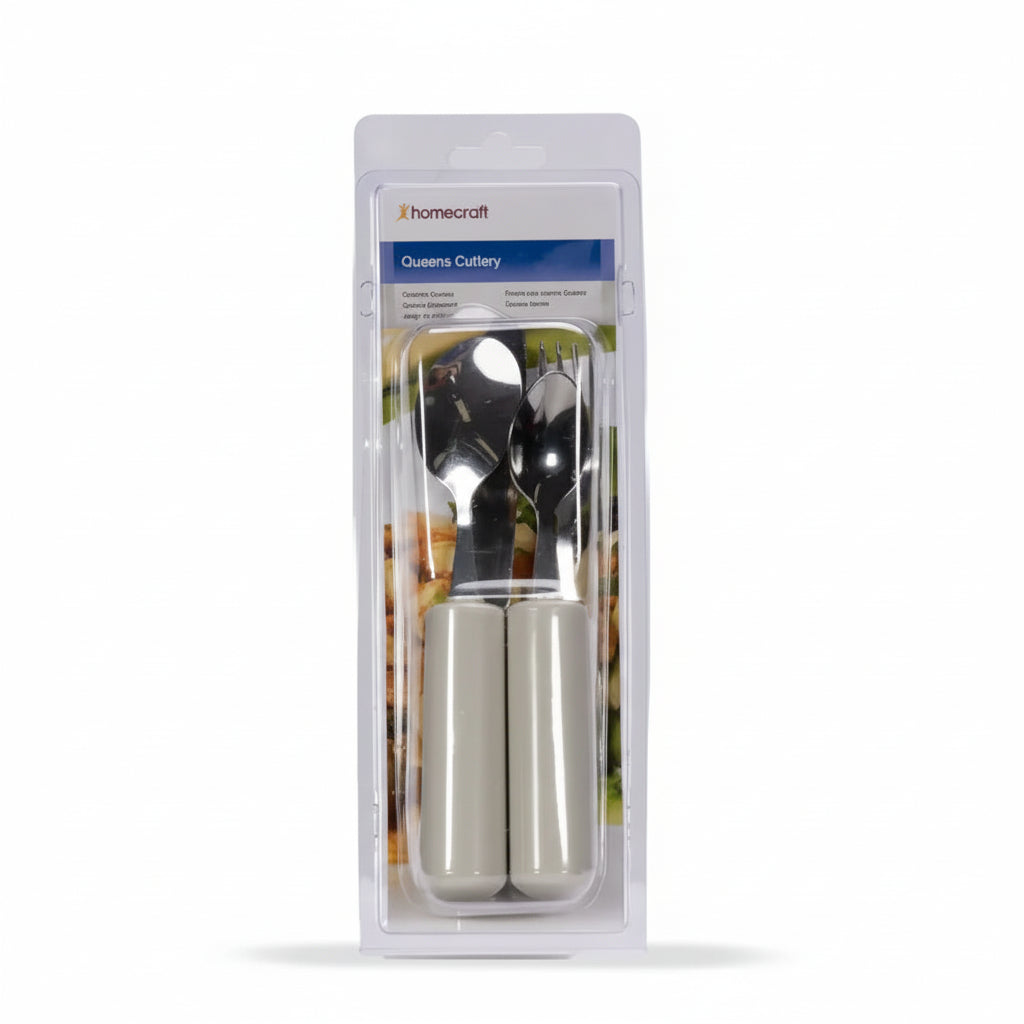 Close-up of the Homecraft Queens Cutlery tapered cylindrical handle, designed to assist users with a weak grip.