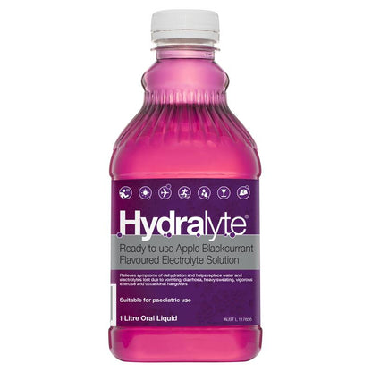 Hydralyte Liquid 1L Apple Blackcurrant flavor - rehydration solution.