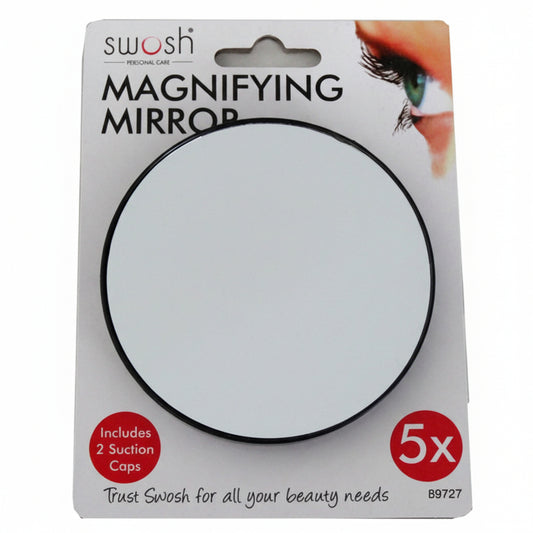 Magnifying Mirror 9cm with 5x magnification and 2 suction cups.