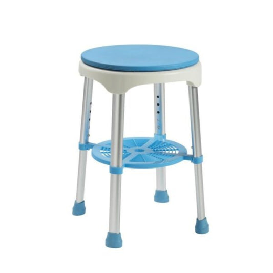 Max Mobility Delta S34 swivel shower stool with padded rotating seat and suction cup feet.
