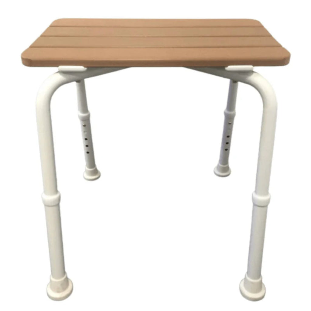 Max Mobility Delta S44‑T shower stool with faux timber seat and slip‑resistant rubber feet.

