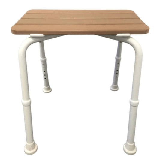 Max Mobility Delta S44‑T shower stool with faux timber seat and slip‑resistant rubber feet.

