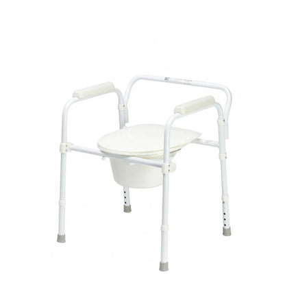 Max Mobility Delta T14 folding commode with moulded armrests and adjustable legs.