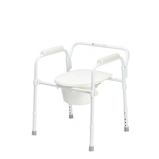 Max Mobility Delta T14 folding commode with moulded armrests and adjustable legs.