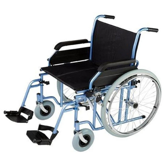Max Mobility Omega HD1 wheelchair in blue with heavy duty steel frame and 24 inch rear wheels.