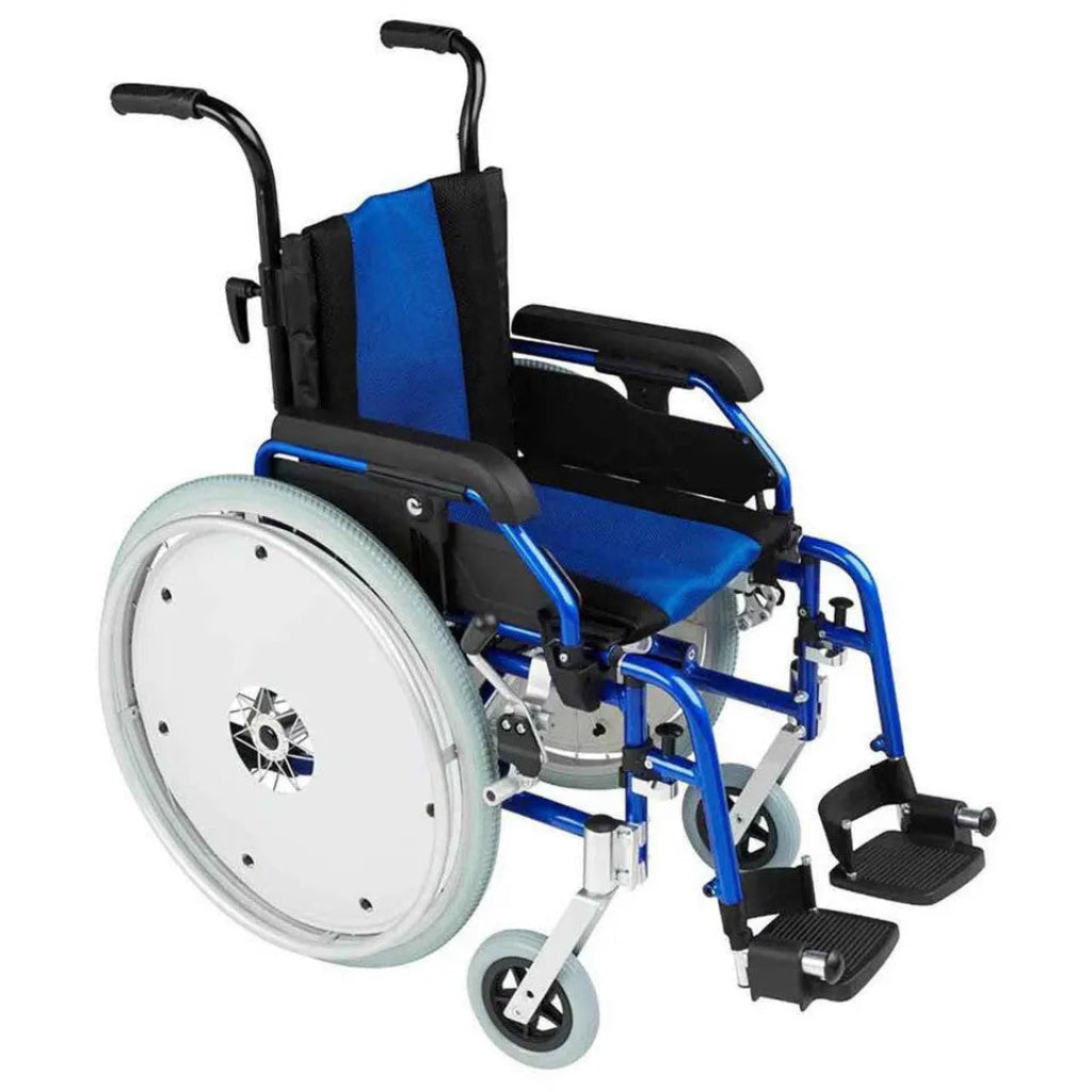 Max Mobility Omega PA1 small self‑propelling wheelchair in blue with 22 inch quick‑release rear wheels.