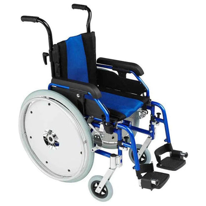 Max Mobility Omega PA1 small self‑propelling wheelchair in blue with 22 inch quick‑release rear wheels.