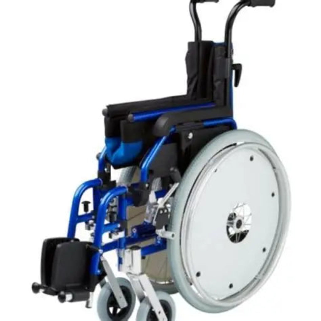 Omega PA1 wheelchair folded to compact width showing closed profile for transport and storage.

