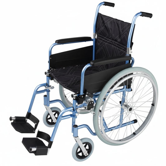  Max Mobility Omega SP2 lightweight aluminium wheelchair in blue with 24 inch quick-release rear wheels.