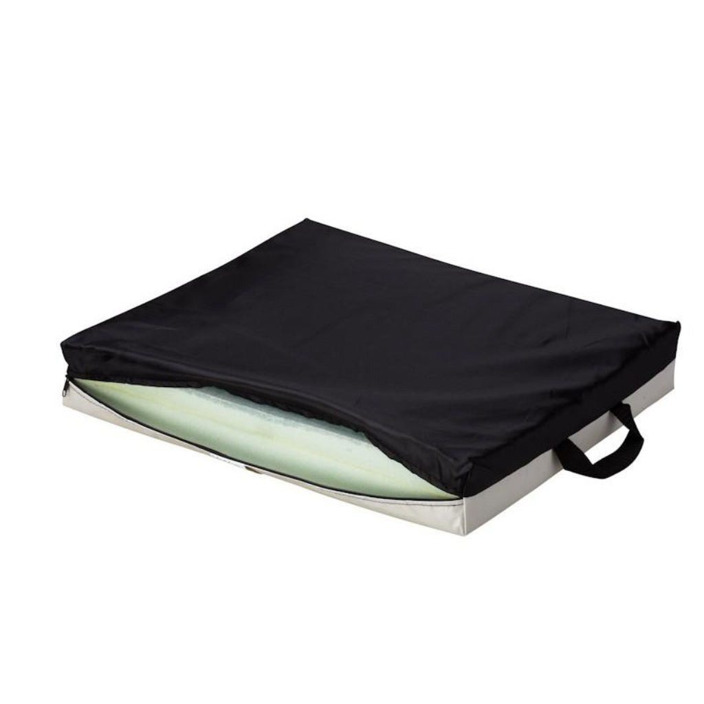 Max Mobility wheelchair cushion PU & Gel variant with PU foam base and gel layer under washable vinyl cover.
