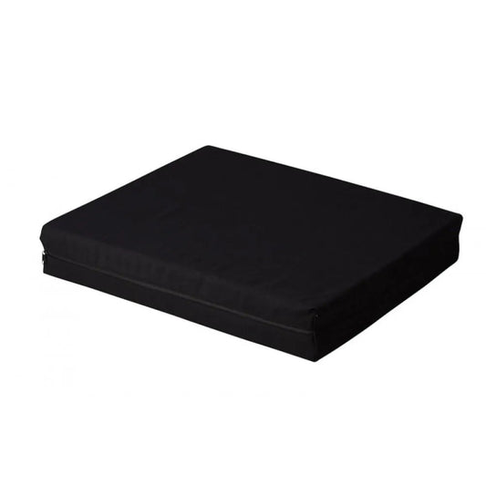 Max Mobility wheelchair lumbar PU foam cushion with removable black fabric cover, 455 x 405 x 80mm.