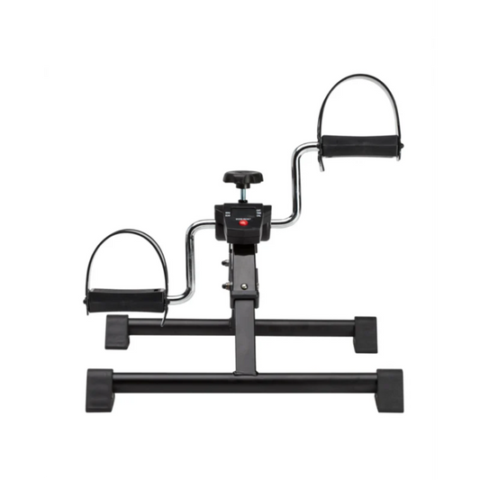 Max Mobility Zeta PE1 pedal exerciser in black showing compact frame and adjustable resistance bolt.

